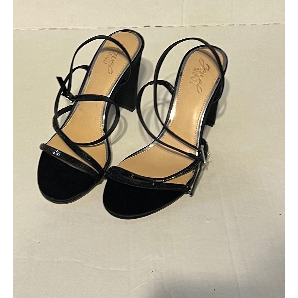 Jewel Badgley Mischka Black Satin Rhinestone Ankle Strap Block Heels Sz 9